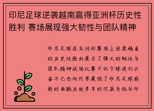 印尼足球逆袭越南赢得亚洲杯历史性胜利 赛场展现强大韧性与团队精神